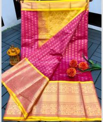 Pink and Yellow color kuppadam pattu handloom saree with all over buties with kanchi kuppadam border design -KUPP0096975