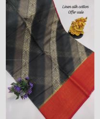 Dark Grey and Tomato Red color linen sarees with all over printed design -LINS0003641