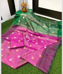 Magenta and Pine Green color Uppada Tissue handloom saree with all over dollar buties saree design -UPPI0000381
