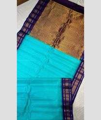 Blue Turquoise and Navy Blue color gadwal pattu handloom saree with all over jari line with paithank and temple kuthu interlock woven border design -GDWP0001580
