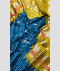 Blue and Mustard Yellow color gadwal pattu sarees with temple kuthu border design -GDWP0001905