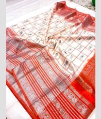 Cream and Red color venkatagiri pattu handloom saree with all over checks and buties design -VAGP0000891