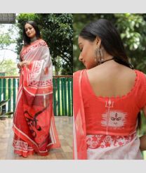 Half White and Tomato Red color linen sarees with digital printed design -LINS0003203