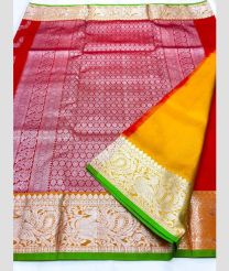 Red and Yellow color venkatagiri pattu handloom saree with all over kalamjali design -VAGP0000917