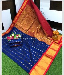 Blue and Red color Chenderi silk handloom saree with all over buties with kaddy border design -CNDP0013782