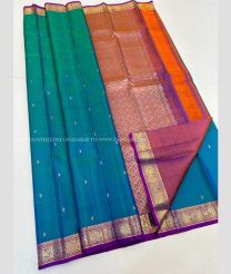 Blue Turquoise and Chestnut color kanchi pattu handloom saree with all over buties design -KANP0013506