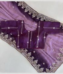 Lavender and Plum Purple color Chiffon sarees with all over embroidery with piping attached design -CHIF0001989