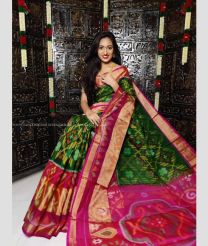 Pine Green and Pink color Ikkat sico handloom saree with pochampalli ikkat design -IKSS0000430