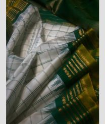 Cream and Pine Green color gadwal pattu handloom saree with all over jari and reasham checks with temple kothakoma kuthu border design -GDWP0001584