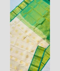 Cream and Green color gadwal pattu handloom saree with temple and kuthu border design -GDWP0001757