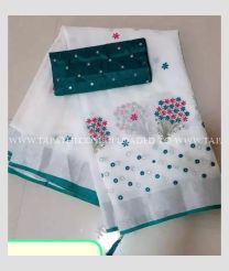 White and Teal color linen sarees with all over embroidery work design -LINS0003762