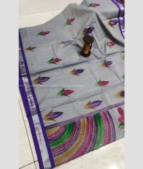 Grey and Purple Blue color Uppada Cotton handloom saree with all over brush printed design -UPAT0004516