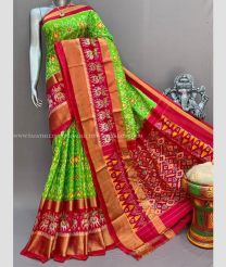 Parrot Green and Red color pochampally ikkat pure silk handloom saree with pochampally ikkat design -PIKP0036720