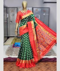 Pine Green and Tomato Red color pochampally ikkat pure silk handloom saree with all over buties saree design -PIKP0016000