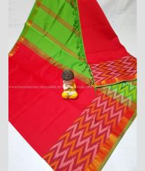 Red and Parrot Green color Tripura Silk handloom saree with plain with big pochampally ikkat border design -TRPP0008511