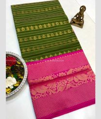 Dark Green and Pink color Chenderi silk handloom saree with all over jill checks and buties design -CNDP0012479