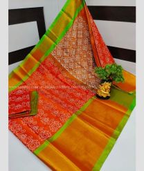 Orange and Parrot Green color Uppada Soft Silk handloom saree with all over printed design -UPSF0003448