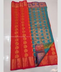 Red and Aqua Blue color soft silk kanchipuram sarees with zari border saree design -KASS0000119