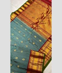 Bluish Grey and Red color gadwal pattu handloom saree with all over dual buties with kanchi borders design -GDWP0001311