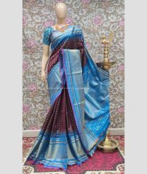 Dark Maroon and Sky Blue color pochampally ikkat pure silk handloom saree with all over checks saree design -PIKP0016124