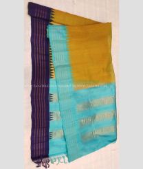 Mango Yellow Black and Sky Blue color gadwal sico handloom saree with temple  border saree design -GAWI0000284