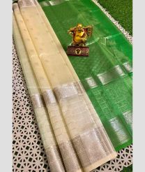 Cream and Green color mangalagiri sico handloom saree with all over silver jari checks and buties with kanchi border design -MAGI0000218