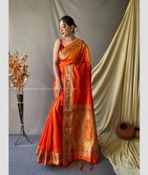 Orange color paithani sarees with all over meenakari buties design -PTNS0004404