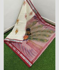 Cream and Lite Pink color Uppada Cotton handloom saree with all over brush printed design -UPAT0004410