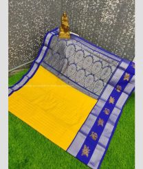 Yellow and Blue color Chenderi silk handloom saree with all over checks with buties border design -CNDP0012971
