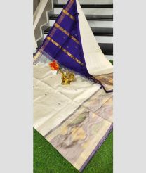 Cream and Purple Blue color Tripura Silk handloom saree with all over nakshtra buties with big pochampally border design -TRPP0007983