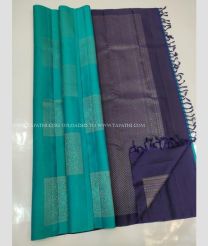 Aqua Blue and Navy BLue color kanchi pattu handloom saree with border less sarees design -KANP0005803