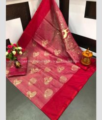 Coral Pink and Red color Uppada Tissue handloom saree with all over buties printed design -UPPI0001328