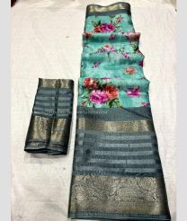 Blue Turquoise and Grey color silk sarees with all over floral printed with heavy jacquard 9 inch border design -SILK0017421
