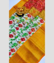 Half White and Mustard Yellow color Chenderi silk handloom saree with all over pochampally design with kanchi border -CNDP0015817