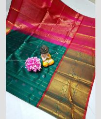 Teal and Pink color kuppadam pattu handloom saree with all over buties with kanchi border design -KUPP0096722
