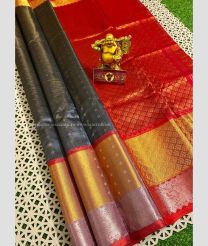 Grey and Red color kuppadam pattu handloom saree with all over small silver nd gold zari weaved butties with contrast borders and jari weaver kanchi borders design -KUPP0096675
