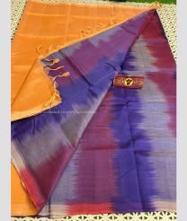 Saffron and Magenta color mangalagiri pattu handloom saree with plain and ikkat design -MAGP0026452