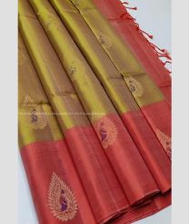 Acid Green and Copper Red color soft silk kanchipuram sarees with all over buties design -KASS0000997