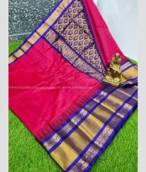 Pink and Blue color Kollam Pattu handloom saree with temple border design -KOLP0001076