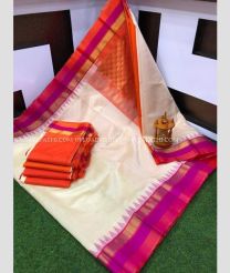 Half White and Neon Pink color kuppadam pattu sarees with temple border design -KUPP0097247