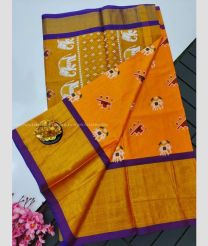 Orange and Purple color Uppada Soft Silk handloom saree with all over ikkat design with kaddi border -UPSF0003428