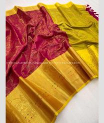 Pink and Mustard Yellow color Banarasi sarees with all over multi jari woven in meenakari design -BANS0016784