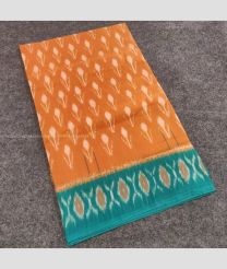 Carrot Orange and Turquoise color pochampally Ikkat cotton handloom saree with pochampalli design -PIKT0000483