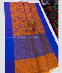 Orange and Blue color Chenderi silk handloom saree with all over jill checks and printed design -CNDP0014019