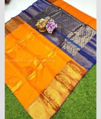 Mango Yellow and Navy Blue color Chenderi silk handloom saree with all over big peacock buties saree design -CNDP0012174