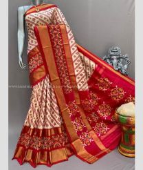 Crean and Red color pochampally ikkat pure silk handloom saree with pochampally ikkat design -PIKP0036722