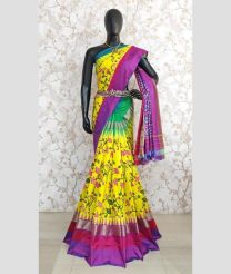 Yellow and Pink color pochampally ikkat pure silk sarees with kanchi border design -PIKP0037934