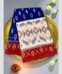 Blue and Cream color pochampally Ikkat cotton handloom saree with all over pochampally spl design -PIKT0000619