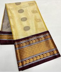 Lemon Yellow and Chocolate color Chenderi silk handloom saree with all over buties with pochampally kanchi border saree design -CNDP0011156