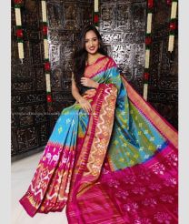 Blue and Deep Pink color pochampally ikkat pure silk handloom saree with pochampally ikkat design -PIKP0036769